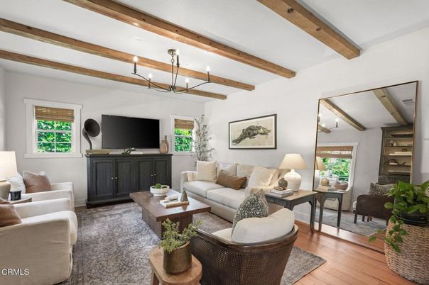 Chandelier, Interior, Living room, Wooden Beams, Wood Texture Flooring