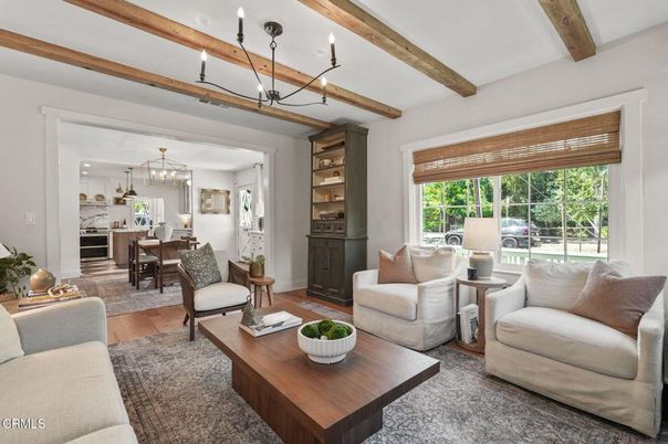 Dining room, Interior, Living room, Pendant Lights, Recessed Lighting, Wooden Beams, Wood Texture Flooring