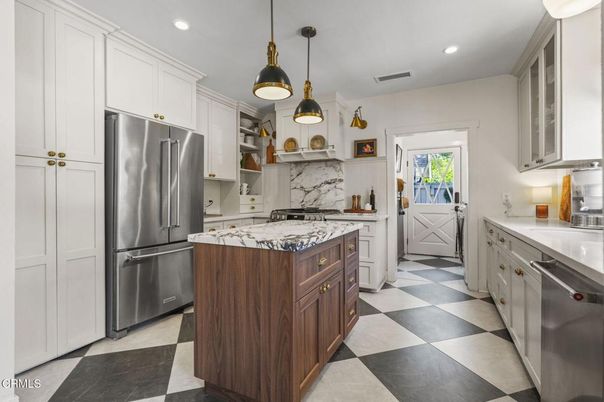 Interior, Kitchen, Marble Walls, Pendant Lights, Recessed Lighting, Stainless Steel Appliances