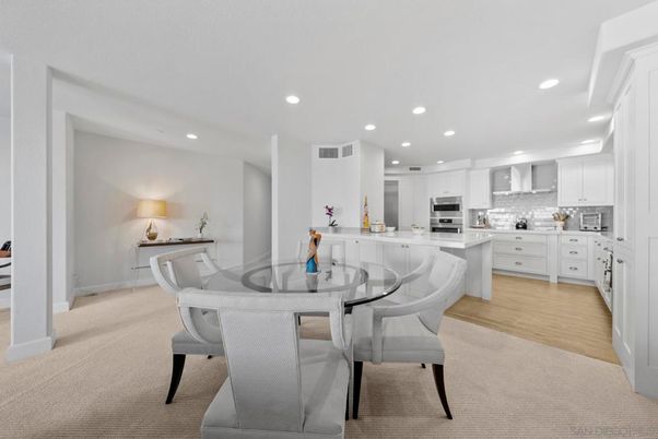Dining room, Interior, Kitchen, Recessed Lighting, Stainless Steel Appliances, Wood Texture Flooring