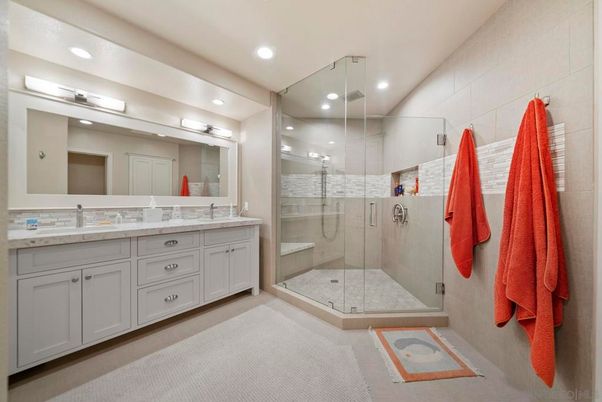Bathroom, Dual Sink Vanities, Glass Shower, Interior, Recessed Lighting