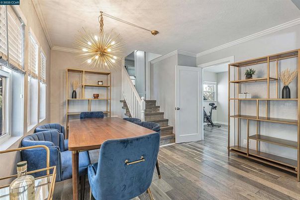 Dining room, Interior, Pendant Lights, Wood Texture Flooring