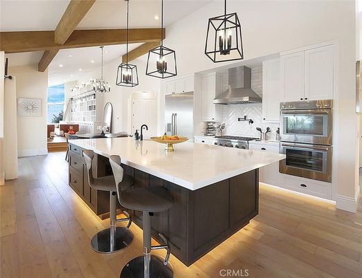 Interior, Kitchen, Pendant Lights, Recessed Lighting, Stainless Steel Appliances, Wooden Beams, Wood Texture Flooring