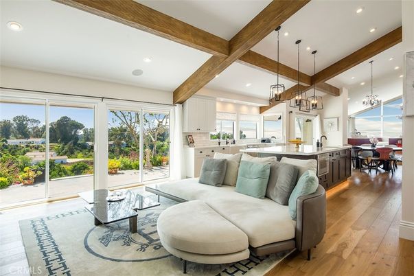 Chandelier, Dining room, Interior, Kitchen, Living room, Pendant Lights, Recessed Lighting, Water, Wooden Beams, Wood Texture Flooring