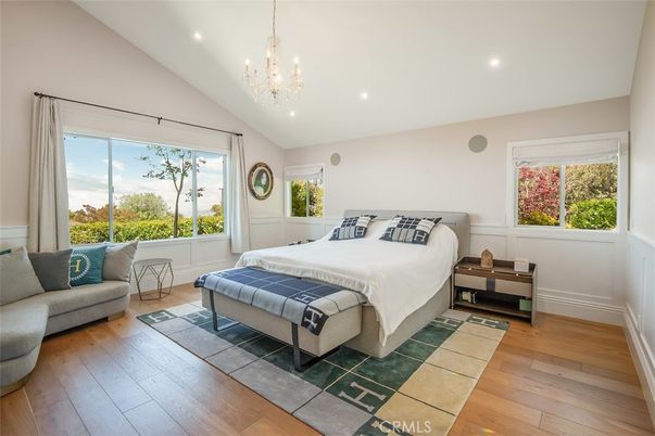 Bedroom, Chandelier, Interior, Recessed Lighting, Wood Texture Flooring