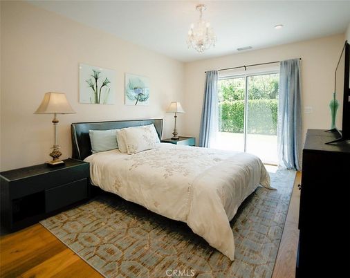 Bedroom, Chandelier, Interior, Recessed Lighting, Wood Texture Flooring