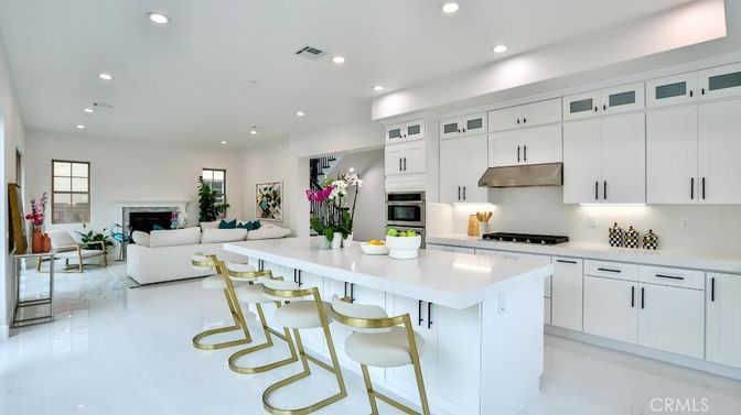 Fireplace, Interior, Kitchen, Living room, Recessed Lighting, Stainless Steel Appliances