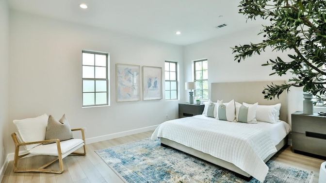 Bedroom, Interior, Recessed Lighting, Wood Texture Flooring