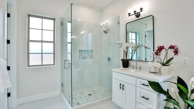 Bathroom, Glass Shower, Interior, Marble Walls, Recessed Lighting