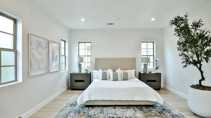 Bedroom, Interior, Recessed Lighting, Wood Texture Flooring