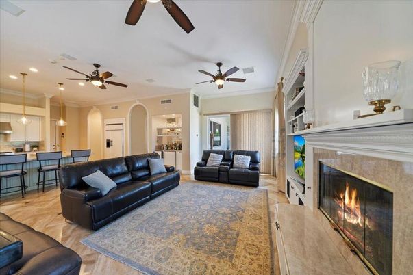 Fireplace, Interior, Kitchen, Living room, Pendant Lights, Recessed Lighting, Wood Texture Flooring