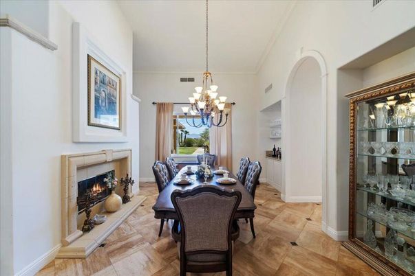 Chandelier, Dining room, Fireplace, Interior