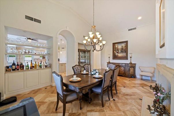 Chandelier, Dining room, Interior, Recessed Lighting, Wood Texture Flooring