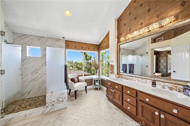 Bathroom, Dual Sink Vanities, Interior, Marble Walls, Recessed Lighting