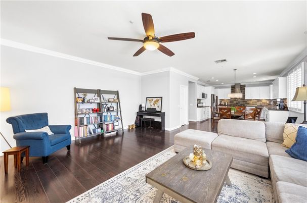 Dining room, Interior, Kitchen, Living room, Pendant Lights, Recessed Lighting, Stainless Steel Appliances, Wood Texture Flooring