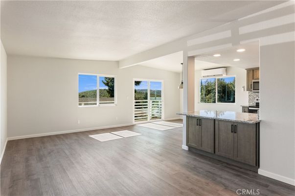 Empty room, Interior, Kitchen, Pendant Lights, Recessed Lighting, Wood Texture Flooring