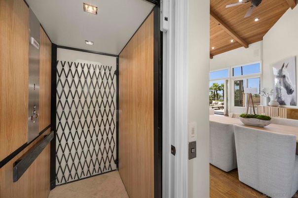Elevator, Interior, Recessed Lighting, Wooden Beams, Wooden Ceilings, Wooden Walls