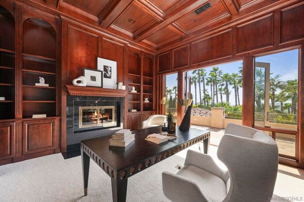 Fireplace, Home Office, Interior, Recessed Lighting, Wooden Beams, Wooden Ceilings, Wooden Walls