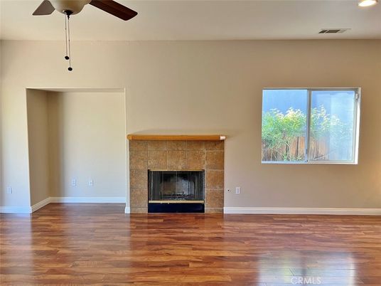 Empty room, Fireplace, Interior, Recessed Lighting, Wood Texture Flooring