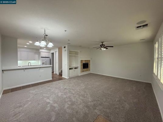 Chandelier, Empty room, Fireplace, Interior, Kitchen, Pendant Lights, Recessed Lighting