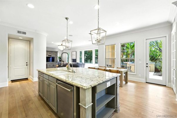 Fireplace, Interior, Kitchen, Pendant Lights, Recessed Lighting, Wood Texture Flooring