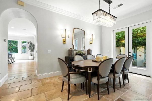 Chandelier, Dining room, Interior, Recessed Lighting, Wood Texture Flooring