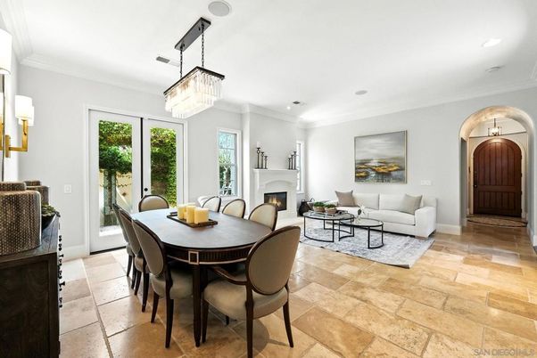Chandelier, Dining room, Fireplace, Interior, Living room, Recessed Lighting