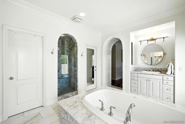 Bathroom, Dual Sink Vanities, Glass Shower, Interior, Marble, Recessed Lighting