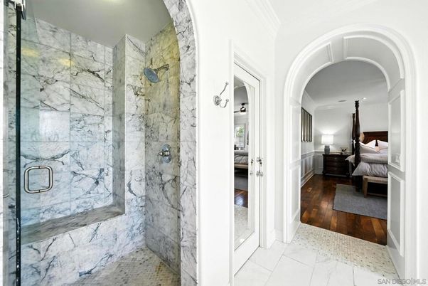 Bathroom, Bedroom, Glass Shower, Interior, Marble, Marble Walls, Recessed Lighting, Wood Texture Flooring