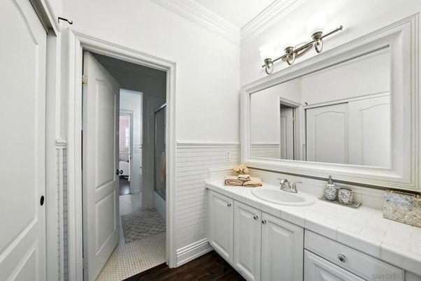 Bathroom, Interior, Tile Countertops, Wood Texture Flooring