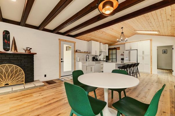 Chandelier, Dining room, Fireplace, Interior, Kitchen, Wooden Beams, Wooden Ceilings, Wood Texture Flooring