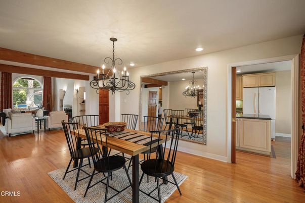 Chandelier, Dining room, Interior, Kitchen, Living room, Recessed Lighting, Wooden Beams, Wood Texture Flooring