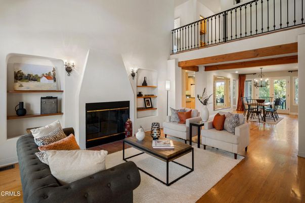 Chandelier, Dining room, Fireplace, Interior, Living room, Recessed Lighting, Wooden Beams, Wood Texture Flooring