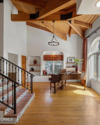 Chandelier, Interior, Pendant Lights, Piano, Wooden Beams, Wooden Ceilings, Wood Texture Flooring