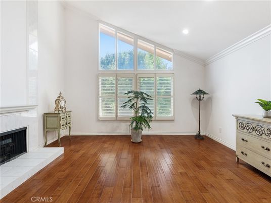 Empty room, Fireplace, Interior, Recessed Lighting, Wood Texture Flooring