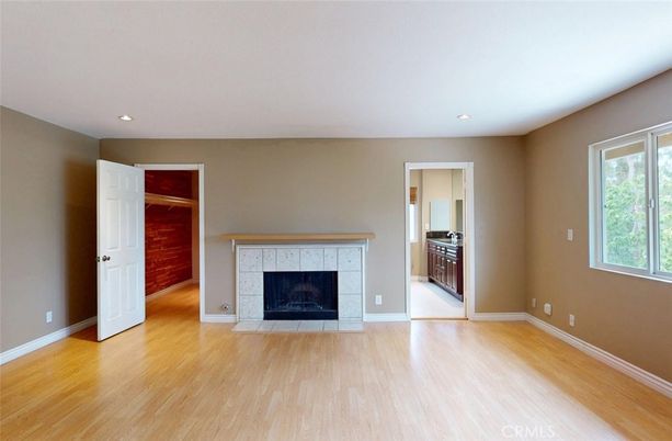 Empty room, Fireplace, Interior, Recessed Lighting, Wood Texture Flooring