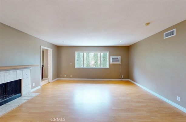 Empty room, Fireplace, Interior, Recessed Lighting, Wood Texture Flooring