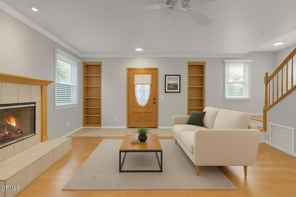 Fireplace, Interior, Living room, Recessed Lighting, Wood Texture Flooring