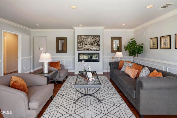 Fireplace, Interior, Living room, Recessed Lighting, Wood Texture Flooring