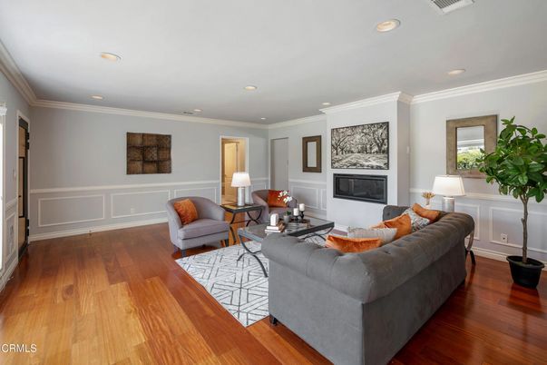 Fireplace, Interior, Living room, Recessed Lighting, Wood Texture Flooring
