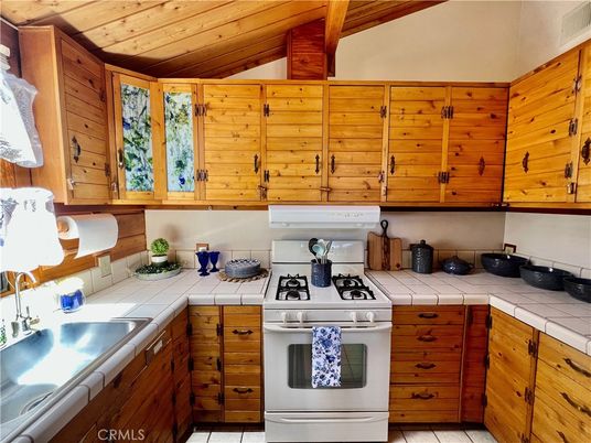 Interior, Kitchen, Tile Countertops, Wooden Ceilings, Wooden Walls