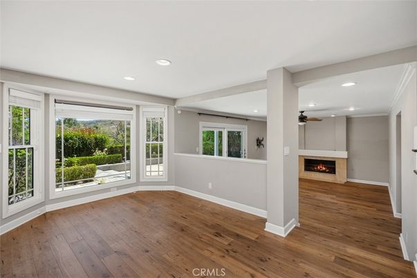 Empty room, Fireplace, Interior, Recessed Lighting, Wood Texture Flooring