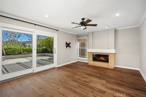 Empty room, Fireplace, Interior, Recessed Lighting, Wood Texture Flooring