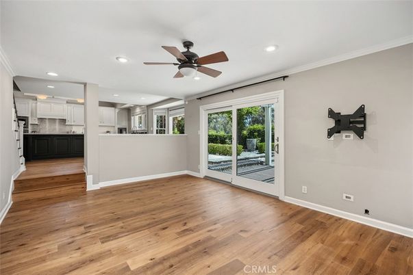 Empty room, Interior, Kitchen, Recessed Lighting, Wood Texture Flooring