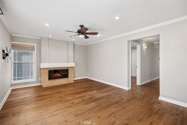 Empty room, Fireplace, Interior, Recessed Lighting, Wood Texture Flooring
