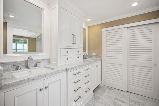 Bathroom, Dual Sink Vanities, Interior, Marble, Recessed Lighting