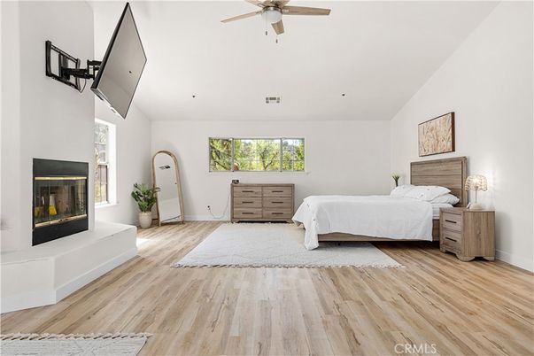 Bedroom, Fireplace, Interior, Recessed Lighting, Wood Texture Flooring