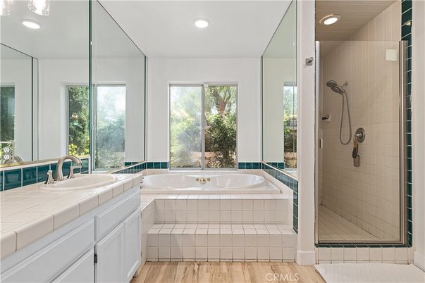 Bathroom, Interior, Recessed Lighting, Tile Countertops, Wood Texture Flooring
