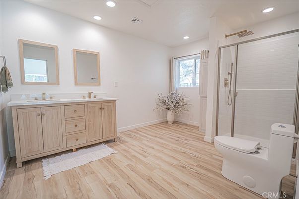 Bathroom, Glass Shower, Interior, Recessed Lighting, Wood Texture Flooring