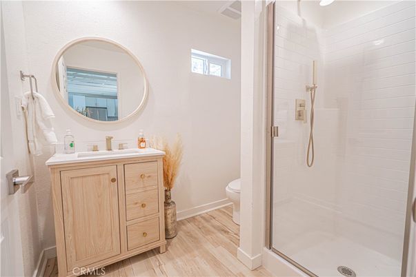 Bathroom, Glass Shower, Interior, Wood Texture Flooring